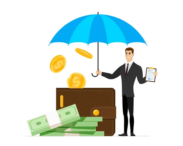 Begrip Financiële Verzekering Bescherming Portemonnee Met Geld Onder Paraplu Houdt — Stockvector