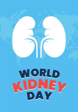 Böbrek Günü dikey posteri. Uluslararası sağlıklı insan böbrekleri kutlama pankartını önemser. Genitourinary sistem iç organ bayramı afişi. Mavi Dünya haritasının arka planında üroloji imzası