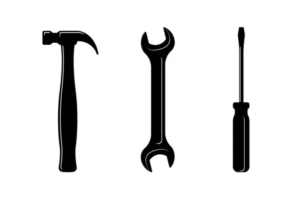 Hammer Screwdriver Wrench Spanner Black Icon Set Handyman Tools Symbol — Stock Vector