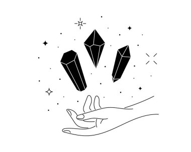 Mistik gök kristalleri ve takımyıldızı kadın elinin üzerinde uçar. Cadı manevi değeri olan değerli taşlar. Sihirli ya da iyileştirici mineral doğrusal sembol. Esrarengiz dövme ya da logo taslağı. Vektörler