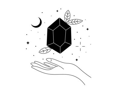 Aylı ve yıldızlı mistik göksel kristal kadın elinin üzerinde uçuyor. Cadı manevi değeri olan değerli taş. Sihirli ya da iyileştirici mineral doğrusal sembol. Esrarengiz dövme ya da logo taslağı. Vektör illüstrasyonu