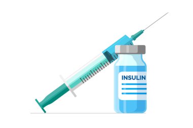 Enjeksiyonlu insülin ampulü. Diyabet kontrol konsepti. Diyabetik hastalar için tıbbi iğne. Yüksek kan şekeri olanlar için ilaç şişesi. Vektör resimlemeyi izole etti