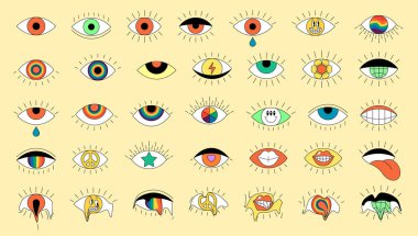 Retro boho eyes set. Psychedelic groovy hippie eye collection. Vintage hippy crazy various esoteric pupil sticker pack. Abstract 60s, 70s, 80s trendy style y2k vector eps illustration