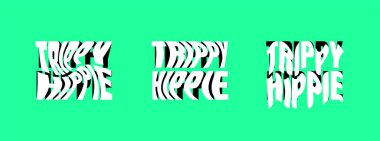 Trippy hippie psychedelic logo seti. Çılgın stil çıkartma koleksiyonu. Hippi rozet tasarım şablonlarından harika bir alıntı. Çarpık, dalgalı ve erimiş y2k tabir logotype çizimleri