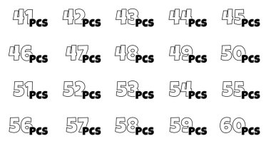 Paketteki parçaların sayısı. 41 'den 60' a kadar bilgisayar etiketi koleksiyonu. Ürün paketlerinde peş peşe etiketler var. Çizgi film tarzı taslak simgeleri. Vektör resimlemeyi izole etti