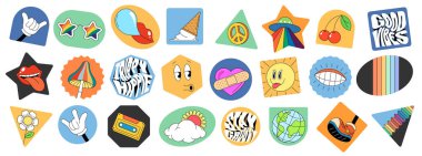 Retro moda elementler çıkartma paketi. Komik psikedelik hippi çizgi film etiketi koleksiyonu. Klasik hippi çılgın çeşitli rozet setleri. Soyut 60 'lar, 70' ler popüler y2k popüler kültür tasarımı. İzole edilmiş eps vektörü