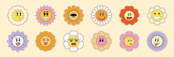 Hippie Kamille Smiley Personages Goede Vibes Grappige Retro Madeliefjes Collectie — Stockvector