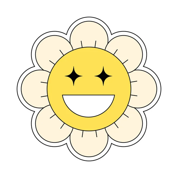 Hippie Groovy Χαμομήλι Smiley Χαρακτήρα Καλές Δονήσεις Ρετρό Κεφάλι Λουλούδι — Διανυσματικό Αρχείο