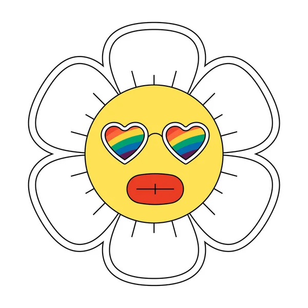 嬉皮士多姿多彩的洋洋洒洒的笑脸 性格开朗 复古雏菊头吉祥物与彩虹眼镜 正面怀旧卡通式植物 时尚的Y2Y流行文化花卉设计 — 图库矢量图片