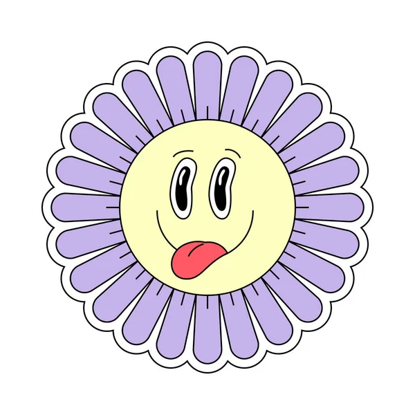 Hippie Groovy Kamille Smiley Charakter Gute Stimmung Retro Gänseblümchen Blütenkopf — Stockvektor