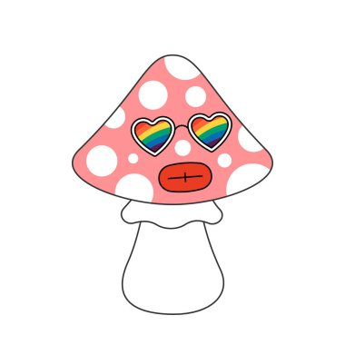 Gökkuşağı güneş gözlüklü modası geçmiş bir mantar karakteri. Hippie psychedelic fly agaric. Hippi mantarı. Klasik çizgi film halüsinojenik nostaljik amanita. Moda 2000 popüler kültürü. Vektörler
