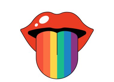 Retro groovy, gökkuşağı renginde dili dışarı çıkmış ve yalanıyor. Hippi kırmızısı açık dudaklar. Tuhaf psikedelik kadın dudağı. Klasik pozitif hippi çıkartması. Moda y2k pop sanat EPS yaması