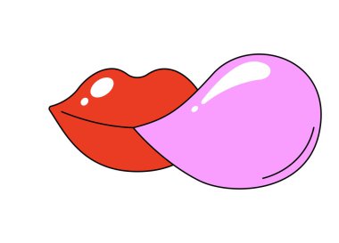 Retro havalı ağız kabarcık sakızı üflüyor. Şirin hippi parlak kırmızı dudaklar. Tuhaf psikedelik çizgi film kadın dudağı. Eski moda nostaljik hippi çıkartması. Popüler Y2K sanat yaması. İzole edilmiş vektör