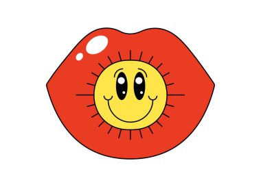 Retro groovy mutlu bir gülümseme ile ağzını açtı. Hippi kıpkırmızı açık dudaklar ve gülümseyen emoji. Tuhaf psikedelik kadın dudağı. Klasik hippi çıkartması. Moda hipster y2k pop sanat yaması vektörü izole ediyor