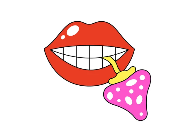 复古的蘑菇在嘴里 疯狂的嬉皮士红唇和飞行不可知论 时髦的迷幻卡通片女性唇 怀旧嬉皮士贴纸打印 时尚嬉皮士Y2K流行艺术补丁 向量隔离的脑 — 图库矢量图片