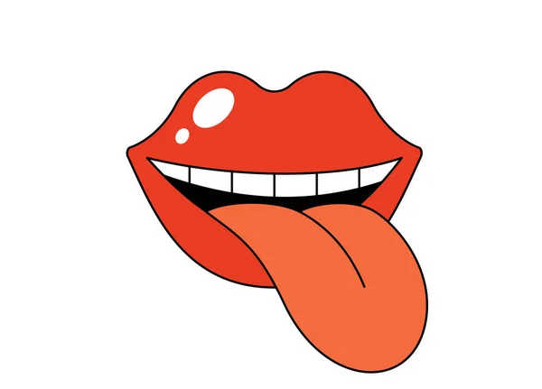 Retro Groovy Otwarte Usta Językiem Wystającym Lizanie Hippy Błyszczące Czerwone — Wektor stockowy