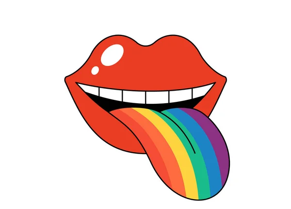 Retro Groovy Otwarte Usta Tęczowym Kolorowy Język Wystający Lizanie Hipisowskie — Wektor stockowy