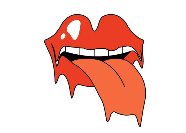 舌が突き出て舐めるレトロなグロビーシュールな口 クレイジー幸せな赤いオープン唇 サイケデリックな女の唇だ ヴィンテージヒッピー溶融ステッカー トレンディーなヒップスターY2K溶融ポップアートパッチ Eps — ストックベクタ