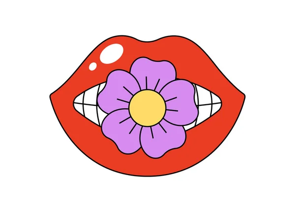 牙齿之间有洋甘菊的复古的凹凸不平的嘴 秀丽的红唇和菊花 迷人的女性唇 唇膏和小花 老式嬉皮士贴纸 流行的Y2K流行艺术补丁 传病媒介 — 图库矢量图片