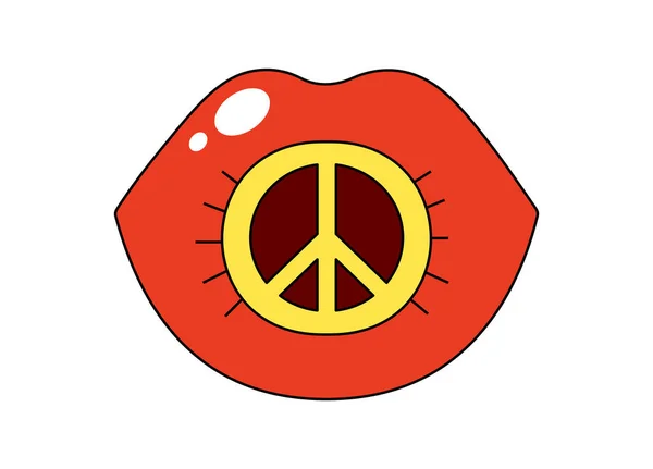 Ρετρό Groovy Άνοιξε Στόμα Ένδειξη Ειρήνης Χίπικο Γυαλιστερό Κόκκινο Ανοικτά — Διανυσματικό Αρχείο