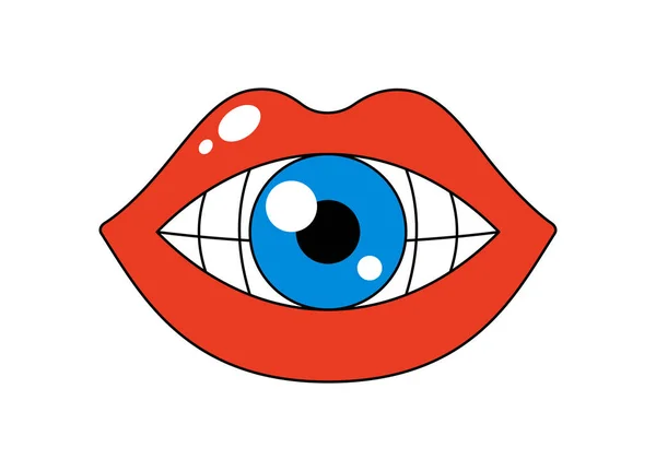 Retro Groovy Mund Mit Blauem Auge Zwischen Den Zähnen Hippy — Stockvektor