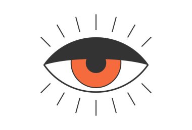 Retro boho kirpikli kırmızı göz. Psikedelik moda hippi tarzı rozet. Klasik hippi çılgın esrarengiz öğrenci çıkartması tasarımı. Soyut 60 'lar, 70' ler, 80 'ler modayı y2k vektörü illüstrasyon yaratıyor