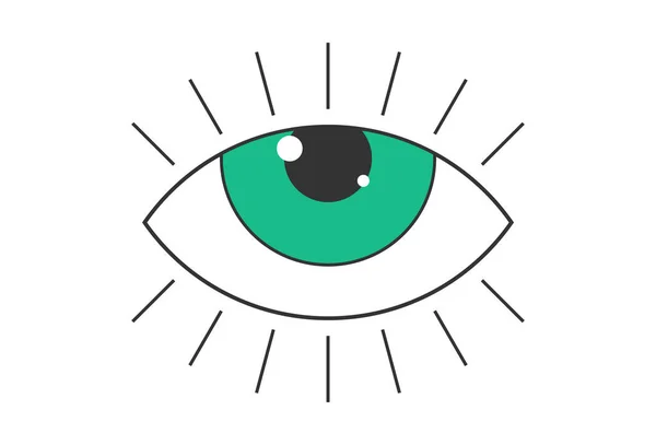 Retro Boho Aperto Occhio Verde Con Raggi Ciglia Distintivo Stile — Vettoriale Stock