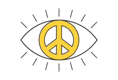 Barış işaretiyle gözlerini aç. Psikedelik moda hippi tarzı tuhaf bir tasarım. Klasik hippi çılgın barışçıl öğrenci çıkartması. Soyut 60 'lar, 70' ler, 80 'ler modayı. Trippy sanat vektörü çizim yapıyor