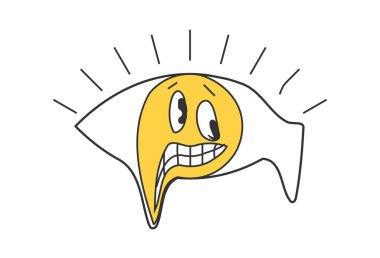 Gülen suratlı eski moda erimiş göz. Psikedelik hippi tarzı tuhaf bir tasarım. Klasik hippi delisi, eriyen komik, gülümseyen öğrenci çıkartması. Soyut 60 'lar, 70' ler, 80 'ler modası geçmiş 2000' ler pop sanatı. Vektörler