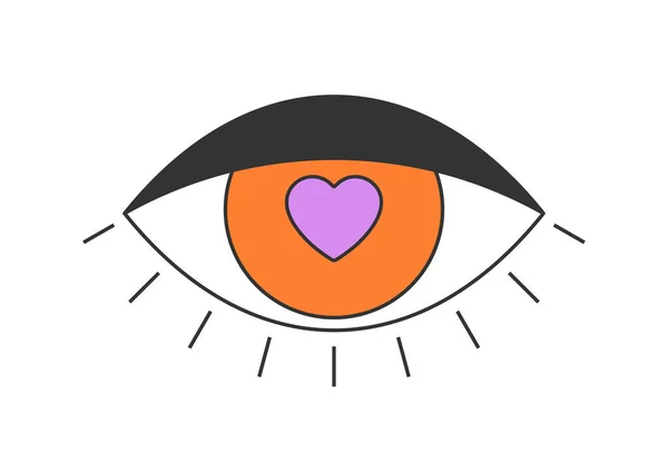 Retro Open Eye Love Heart Shape Psychedelic Groovy Hippie Style — Stock Vector