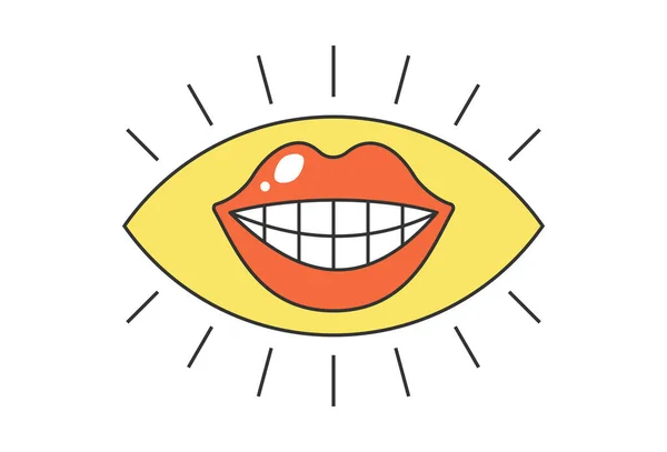 Retro Oko Růžovou Rtěnkou Ženské Usmívající Ústa Psychedelický Groovy Hippie — Stockový vektor