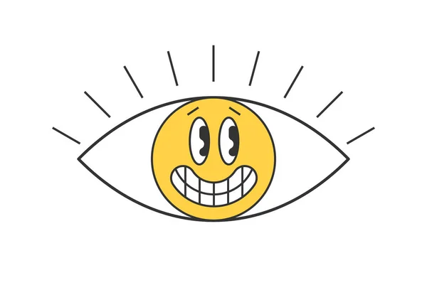 Retro Otevřené Oko Usměvavou Tváří Psychedelický Groovy Hippie Styl Bizarní — Stockový vektor