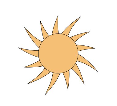 Retro stil kıvrımlı parlak güneş. Psikedelik hippi eski solar yaz elementi. Soyut klasik hippi çıkartması. Moda y2k pop kültürü veya boho tasarımı. Vektör yazdırır