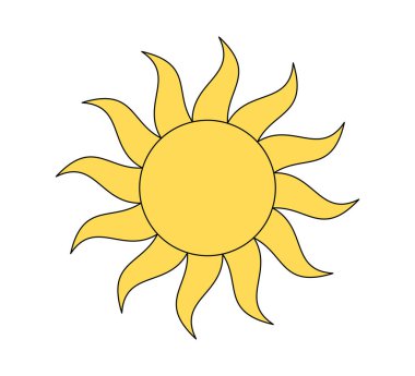Retro stil kıvrımlı parlak güneş. Psikedelik hippi eski solar yaz elementi. Soyut klasik hippi çıkartması. Moda y2k pop kültürü veya boho baskı tasarımı. Vektör ezoterik sembol içeriyor