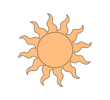 Retro stil kıvrımlı parlak güneş. Psikedelik hippi eski solar yaz elementi. Soyut klasik hippi çıkartması. Moda y2k pop kültürü veya boho baskı tasarımı. Vektör hipster sakal sembolünü taşıyor