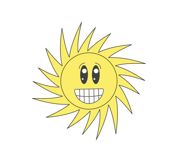 レトロなグルービーツイスト光沢のある太陽クレイジー文字 サイケデリックヒッピーの古い面白い太陽のマスコット 要約ヴィンテージハッピースマイリーステッカー トレンディーなY2Kポップカルチャーは日当たりの良いヒップスターシンボル笑顔 Eps Trippy Print — ストックベクタ