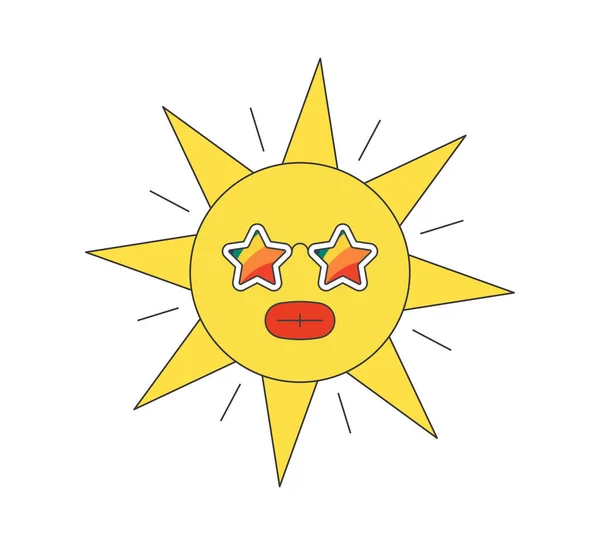 虹色のサングラスでレトロなグルービー太陽の文字 サイケデリックヒッピー面白いソーラーマスコット 要約ヴィンテージハッピースマイリーステッカー トレンディーなY2Kポップカルチャーは日当たりの良いヒップスターシンボル笑顔 ベクトルエプス — ストックベクタ