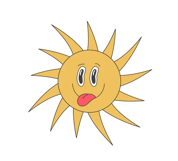 レトロなグルーヴィーな太陽クレイジー文字の舌を見る サイケデリックヒッピーの古い面白い太陽のマスコット 要約ヴィンテージハッピースマイリーステッカー トレンディーなY2Kポップカルチャーは日当たりの良いヒップスターシンボル笑顔 ベクトルトリッピー Print — ストックベクタ