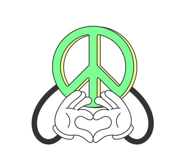 손으로 사랑의 마음을 표현하는 고전적 평화주의적 Hippy 스타일의 트렌디 Y2K — 스톡 벡터