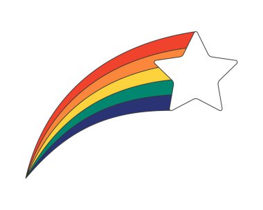 Renkli gökkuşağı renginde Retro Groovy yıldızı. Kuyrukluyıldız çıkartmasından klasik hippi çizgi film yanardöner pisti. Hippi stili y2k funky vektör izole edilmiş soyut eps illüstrasyon