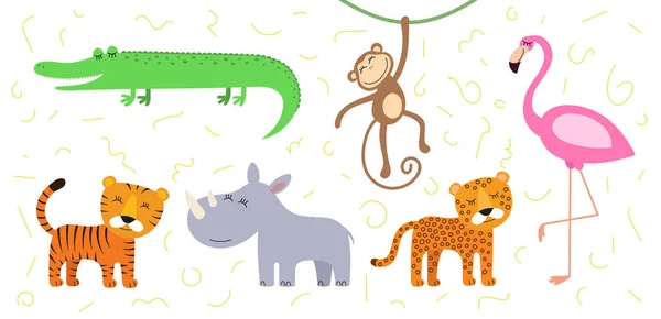 可爱的卡通风格鳄鱼 猴子和火烈鸟 画非洲宝宝野生动物老虎 犀牛和猎豹 善良的微笑丛林狩猎动物集 矢量具有创意的图形手绘打印 — 图库矢量图片
