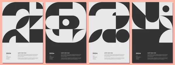 Soyut Bauhaus Tarzı Kombinasyon 2024 Mutlu Yıllar Yatay Poster Seti — Stok Vektör