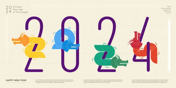 Soyut Çin ejderhaları kombinasyonu 2024 mutlu yıllar yatay afişi. Renkli Çin zodyak hayvan ejderhası seti. Grafik Asyalı renkli sanat eserleri. Modern moda doğulu resim