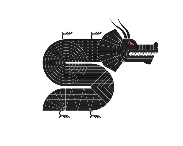 Astratto Geometrico Cinese Drago Zodiaco Simbolo Nero Asiatico Sacro Bauhaus — Vettoriale Stock
