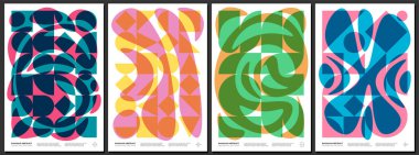 Soyut geometrik Bauhaus sanat eserleri. Basit şekiller ve akıcı sıvı kombinasyon poster seti. Memphis desenli arka plan koleksiyonu. Retro modern moda grafik resimler. Postmodern sanat baskısı tasarımı