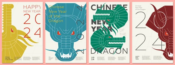 Los Dragones Chinos Abstractos Dirigen Los Carteles Feliz Año Nuevo — Vector de stock