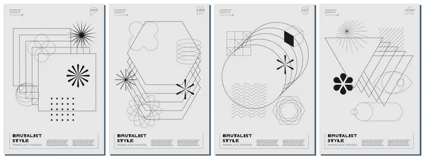流行的抽象野蛮海报集黑色几何形状的单色背景 现代野蛮人风格的最小的印刷品与简单的数字和图形元素 Brutal Y2K向量Eps Prints — 图库矢量图片