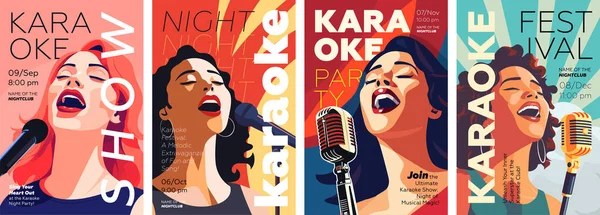 卡拉Ok党展示海报集 音乐夜总会节绘画艺术版画 女人对着麦克风唱歌 音乐事件艺术海报模板与歌唱的人 趋势排版涵盖矢量设计 — 图库矢量图片