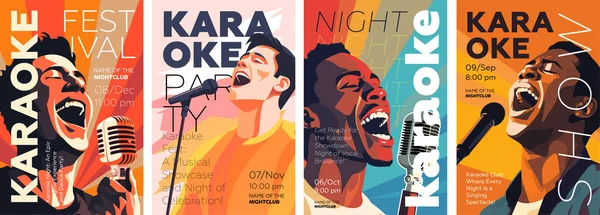卡拉Ok党展示海报集 音乐夜总会节绘画艺术版画 男人对着麦克风唱歌 音乐事件艺术海报模板与歌唱的人 趋势排版横幅矢量设计 — 图库矢量图片