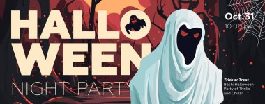 Halloween party banner with ghost on night forest background. Horizontal poster evil monster in moon wood. Art cover spooky dead man. Holiday evening promo artwork flyer. Trendy typography eps print clipart